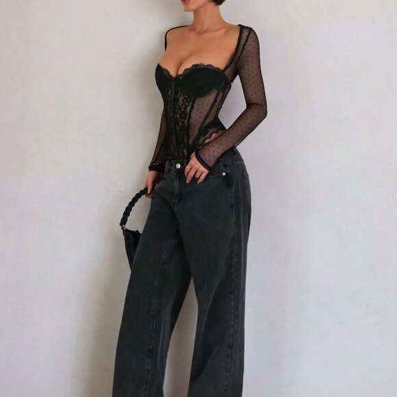 Black Casual Women's Spaghetti Strap Lace Patchwork Corset Bodysuit - Picture 4 of 7